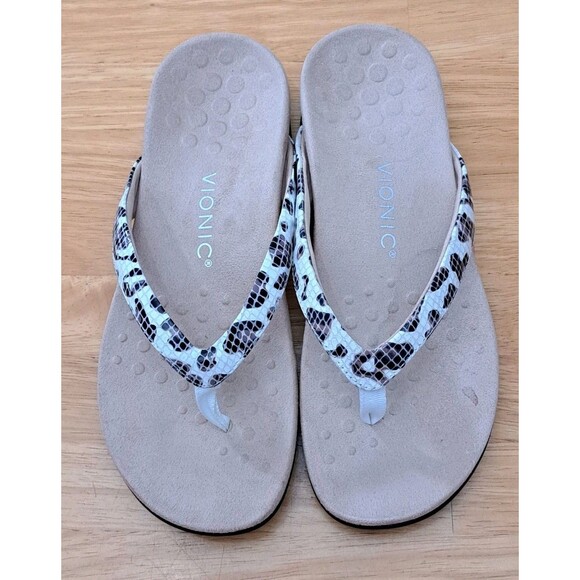 Vionic Dillon Flip Flops Womens Size 8 White Beige Leopard Snake Print Comfort - Picture 1 of 9